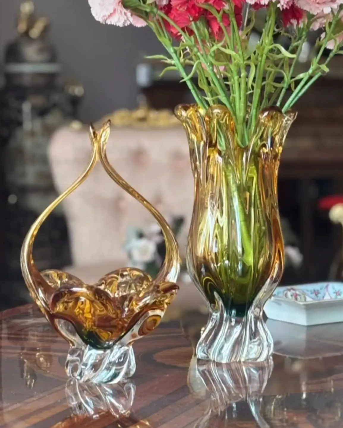 Duo vase et corbeille ambre